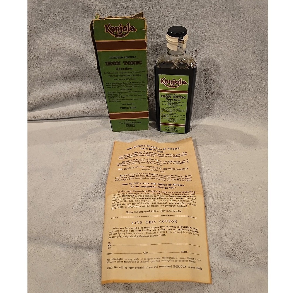 Vintage 1946 Konjola‎ Iron Tonic Appetizer Bottle with Original Box and Insert